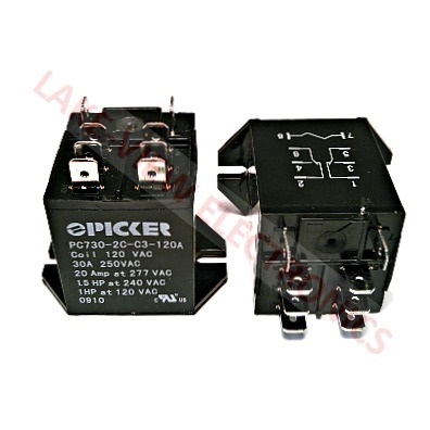 PICKER PC730-2C-C3-120A RELAY 120VAC 30A DPDT TOP FLANGE MOUNT W/QUICK CONNECT TERMINALS POWER RELAY