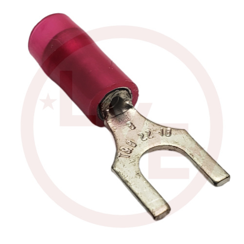 TERMINAL FORK 22-16 AWG #8 STUD INSULATED RED COPPER TIN PLATED