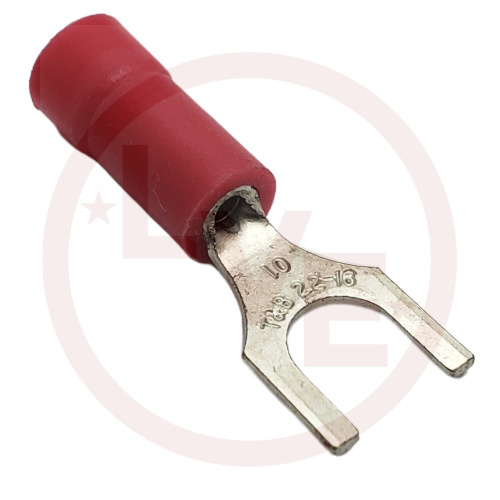 TERMINAL FORK 22-16 AWG #10 STUD VINYL INSULATED RED COPPER TIN PLATED