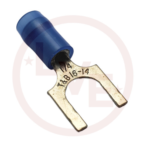 TERMINAL FORK 18-14 AWG 1/4" STUD NYLON INSULATED BLUE TIN PLATED