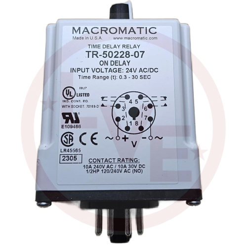 MACROMATIC TR-50228-07 RELAY TIMER 24V 10A SPST 3-30 SEC ON DELAY 8-PIN OCTAL PLUG