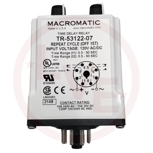 MACROMATIC TR-53122-07 RELAY TIMER 120VAC/DC 10A DPDT OFF DELAY 0.3-30 SEC 8 PIN OCTAL PLUG