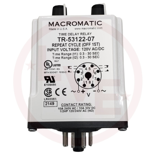 MACROMATIC TR-53122-07 RELAY TIMER 120VAC/DC 10A DPDT OFF DELAY 0.3-30 SEC 8 PIN OCTAL PLUG