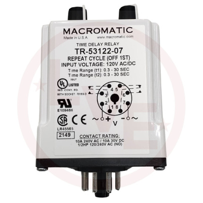 RELAY TIMER 120VAC/DC 10A DPDT OFF DELAY 0.3-30 SEC 8 PIN OCTAL PLUG