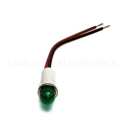 INDICATOR LED 125V GREEN ROUND DOME LENS PANEL MOUNT 4.6" WIRE LEADS